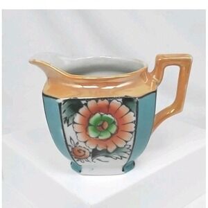 Lusterware‎ Creamer Dish Orange Blue Hand Painted Floral Japan 3.5"x4"